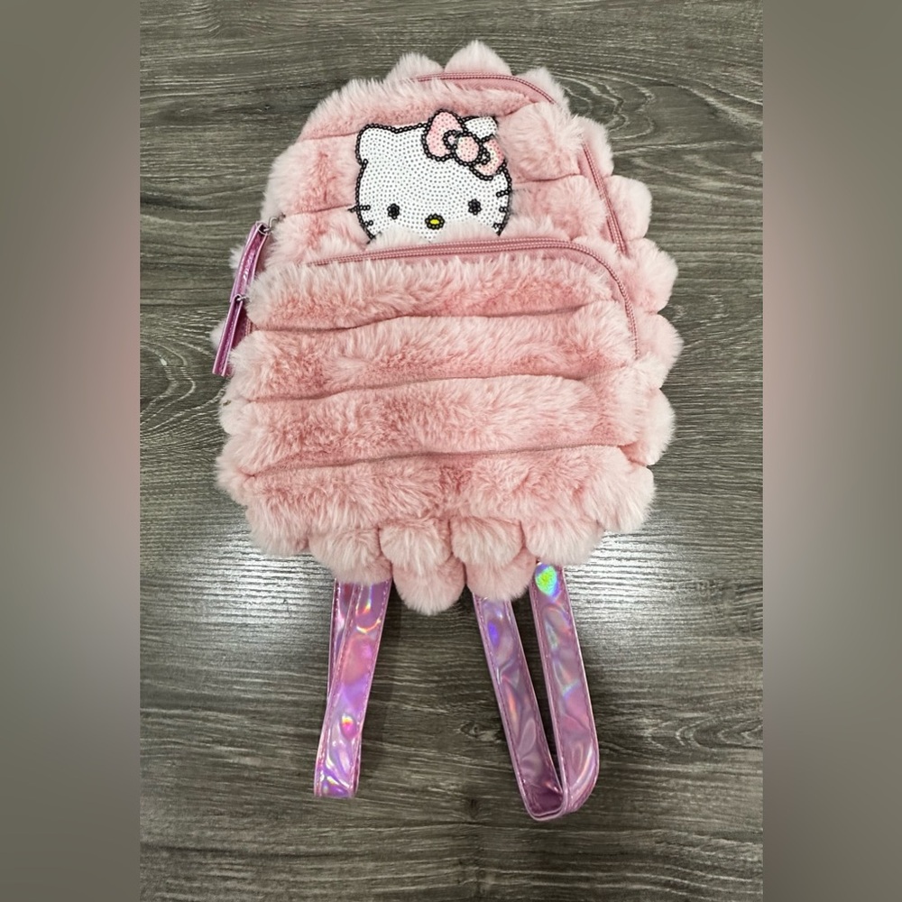 Hello Kitty Pink Faux Fur Backpack Holographic Straps Sanrio Plush Bag